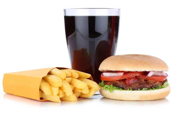 Hamburguesa y papas fritas menú comida combo bebida cola aislado — Foto de Stock