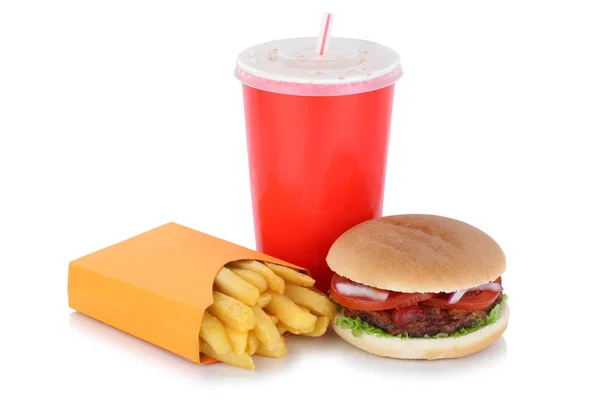 Hamburguesa y patatas fritas menú comida bebida aislada — Foto de Stock