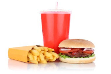Hamburger ve patates menü yemek açılan hızlı yiyecek içecek izole