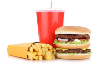 İzole çift burger hamburger ve patates menü yemek açılan içki