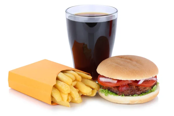 Hambúrguer e batatas fritas refeição menu combo cola bebida fast food — Fotografia de Stock