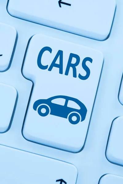 Sälja köpa bil bilar online knappen blå dator webben — Stockfoto