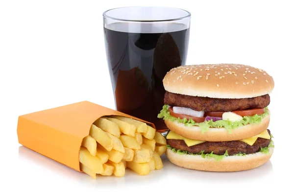 Hambúrguer duplo hambúrguer e batatas fritas refeição menu combo cola dr — Fotografia de Stock