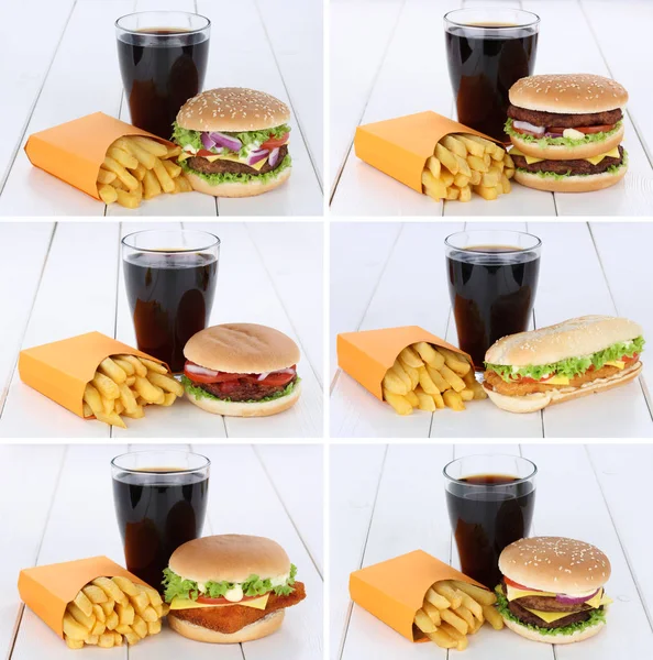 Coleção de hambúrgueres conjunto cheeseburger e batatas fritas menu refeição combo — Fotografia de Stock