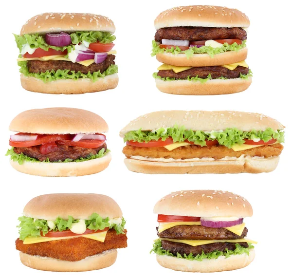 Zestaw kolekcja Hamburger cheeseburger burger pomidorów sałata ch — Zdjęcie stockowe