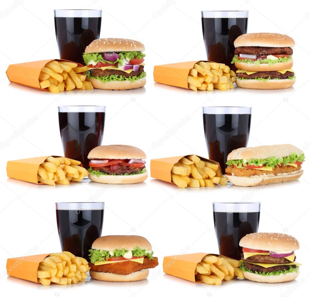 Hamburger collection set cheeseburger and french fries menu meal