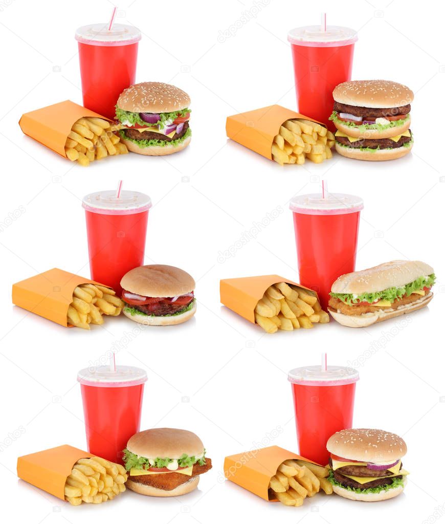 Hamburger collection set cheeseburger and fries menu meal drink 