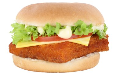 Balık burger fishburger hamburger domates marul peynir izole