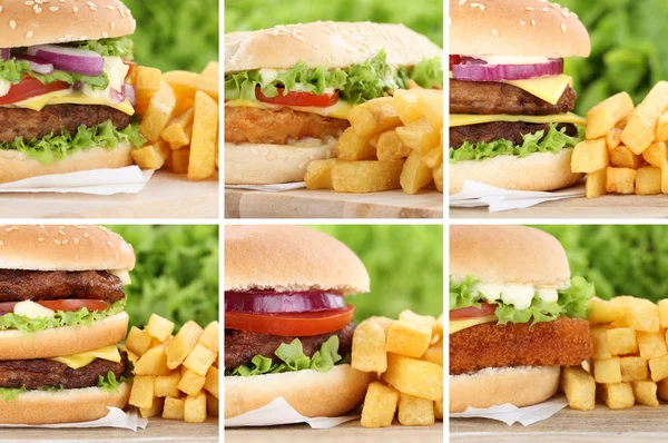 Hambúrguer coleção conjunto cheeseburger com batatas fritas close-up perto u — Fotografia de Stock