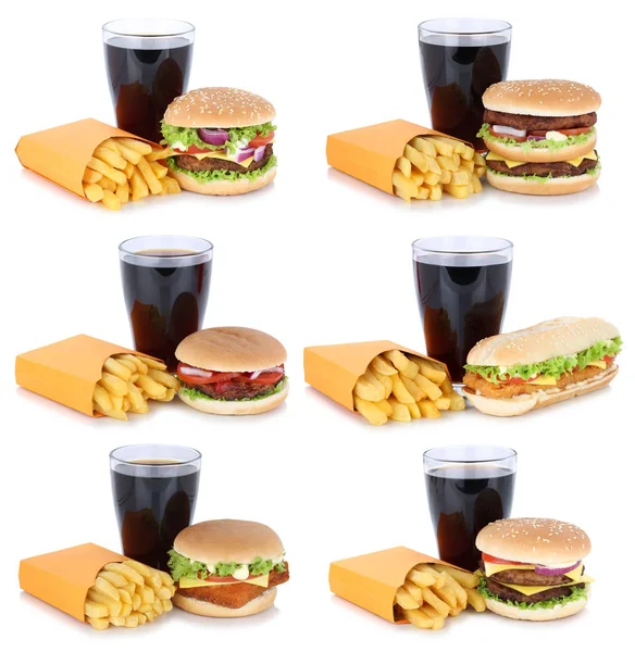 Çizburger ve kızarmış patates menü yemek hamburger koleksiyonu ayarla — Stok fotoğraf