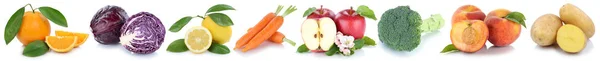Raccolta di frutta e verdura isolata in fila arancio mela — Foto Stock