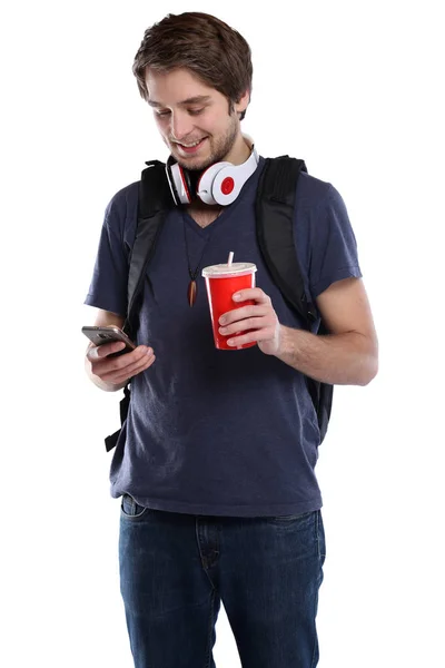 Student mit Smartphone Cola trinken junger Mann isoliert — Stockfoto