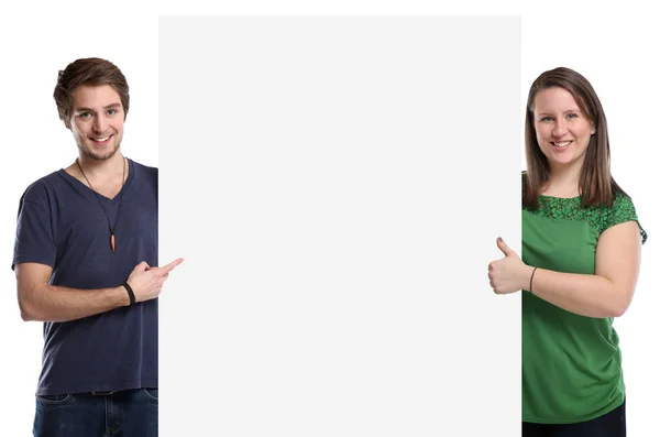 Young people showing copyspace copy space marketing empty blank — Stock Photo, Image