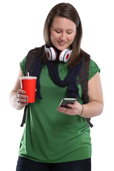 Studentin mit Smartphone Cola trinken junge Frau isoliert — Stockfoto