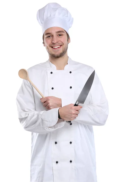 Cozinhe aprendiz trainee cozinhar com faca trabalho jovem isolado — Fotografia de Stock