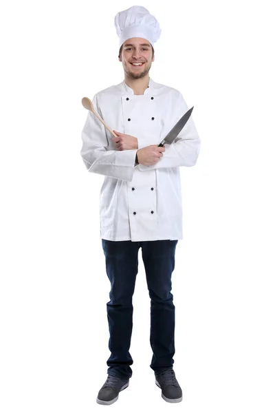 Cozinhe aprendiz trainee cozinhar com faca de pé corpo inteiro jo — Fotografia de Stock