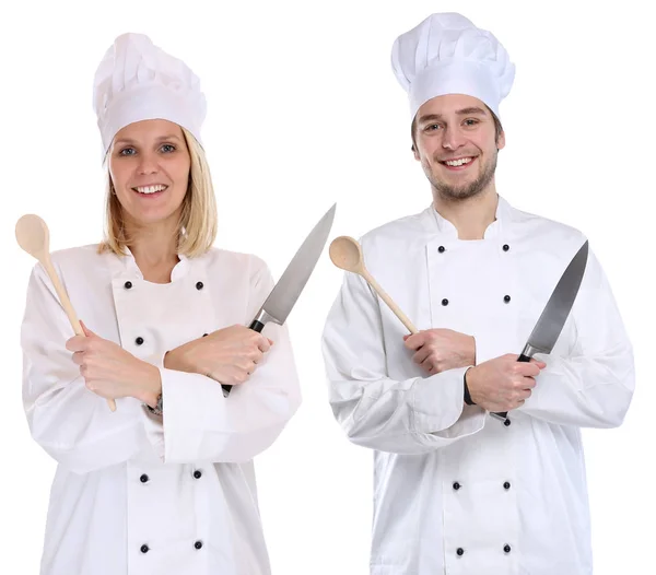 Cook apprentice trainee trainees cooks cooking with knife job yo — Stock Photo, Image