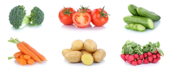 Grönsaker morötter tomater gurka vegetabiliska potatis mat iso — Stockfoto