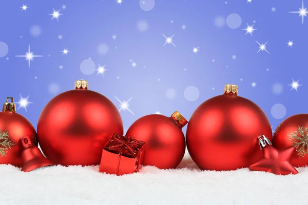 Christmas balls red decoration snow winter stars background copy — Stock Photo, Image