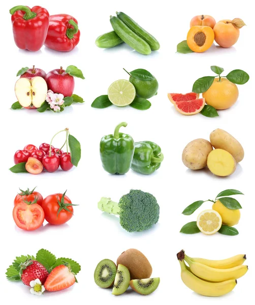 Zbiory owoców i warzyw na białym tle strawb pomidory jabłka — Zdjęcie stockowe