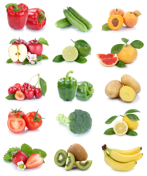 Fruits and vegetables collection isolated apples tomatoes strawb