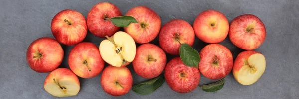 Φρούτα φρούτα μήλο μήλα banner πλακών κόκκινο κάτοψη — Φωτογραφία Αρχείου
