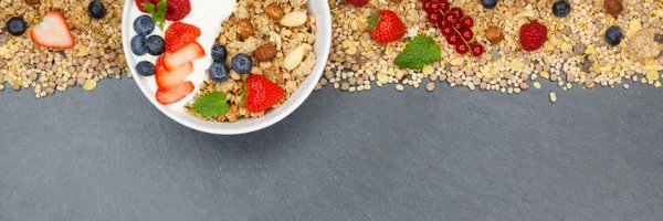 Müsli frukost frukt yoghurt jordgubbar spannmål bär skål — Stockfoto