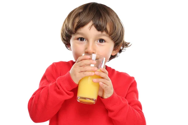 Gyermek kid ivóvíz narancslé, egészséges táplálkozás elszigetelt fehér — Stock Fotó