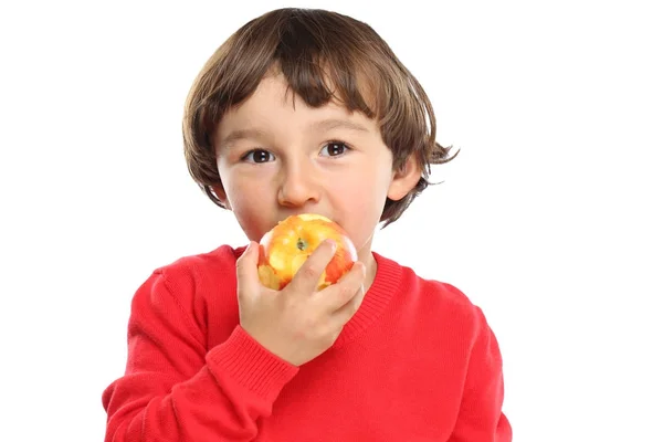 Apple τρώγοντας παιδί παιδί φρούτα υγιή απομονωθεί σε λευκό — Φωτογραφία Αρχείου