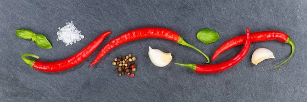 Peperoncini piccanti rossi peperoncino ingredienti di cottura banner ardesia ba — Foto Stock