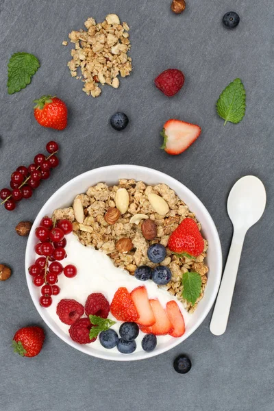 Müsli frukost frukt yoghurt jordgubbar spannmål bär skål — Stockfoto