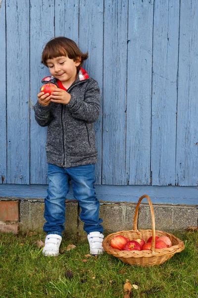 Barn barn äta äpple frukt full kropp utomhus copyspace hösten — Stockfoto