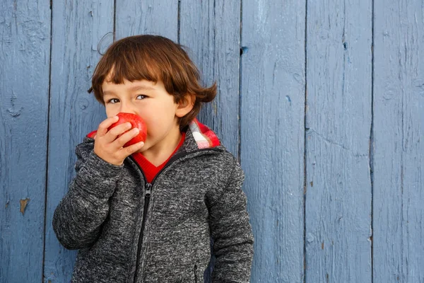 少しの少年子供子供食用リンゴ フルーツ健康的な笑顔 — ストック写真