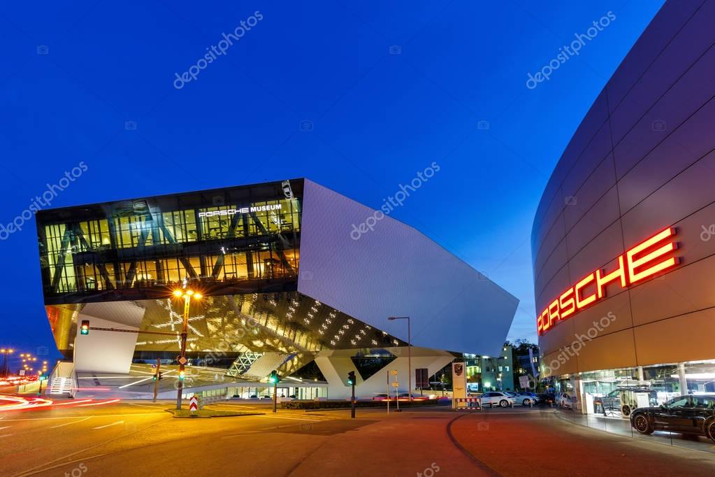 Stuttgart, Germany - October 25, 2017: Porsche Museum in Stuttgart at night.