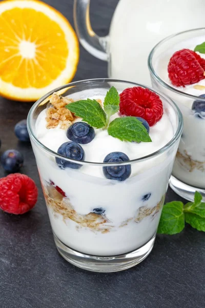 Iogurte de baga iogurte com frutas bagas copo muesli retrato para — Fotografia de Stock