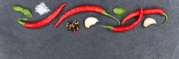 Peperoncini piccanti rossi peperoncino ingredienti di cottura copyspace banne — Foto Stock