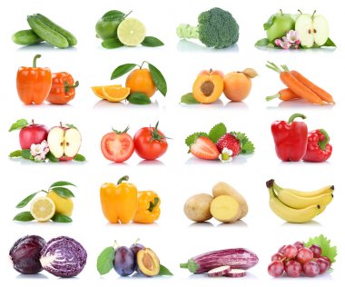 Meyve sebze ve meyve toplama elma portakal limon üzüm renkleri domates beyaz bir arka plan üzerinde izole