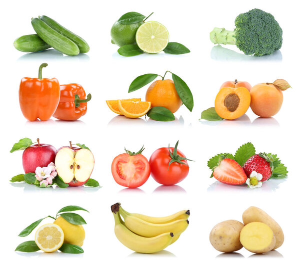 Fruit fruits and vegetables collection isolated apple orange lemon colors tomatoes on a white background