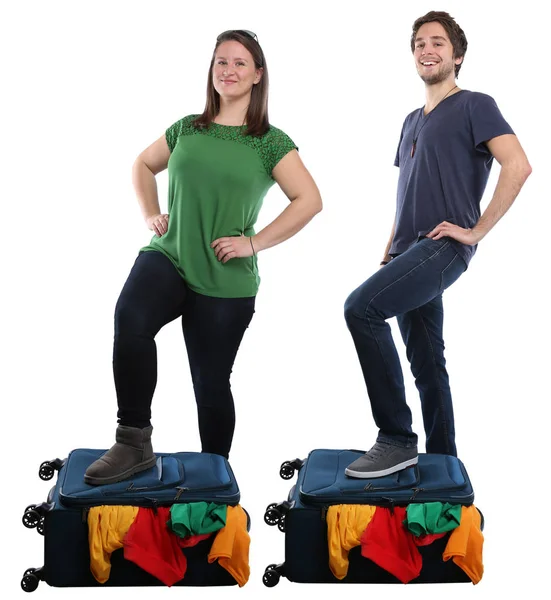 Пакувальна сумка для багажу молоді люди подорожують вакуумом — стокове фото