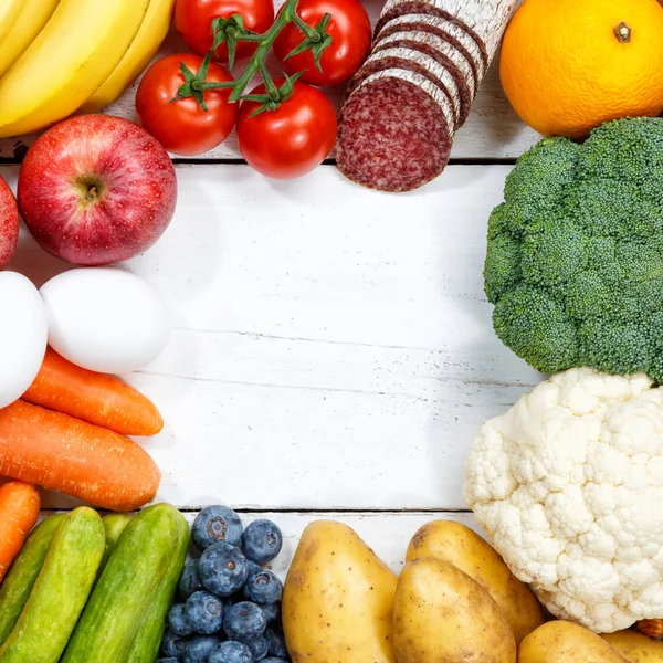 Fruits and vegetables food collection cooking frame square copys — Stock Photo, Image