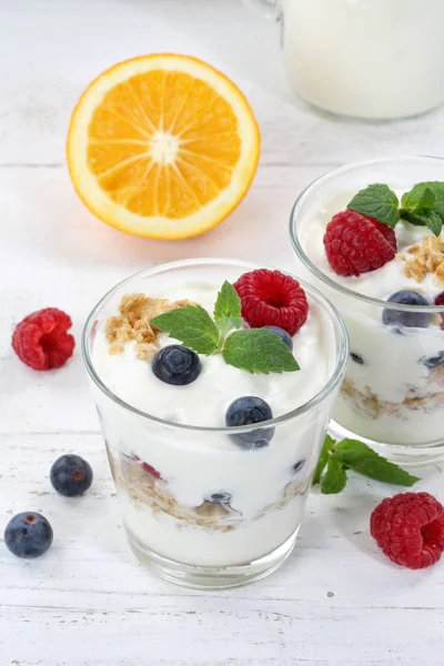 Berry yoghurt yoghurt met bessen vruchten cup muesli portret voor — Stockfoto