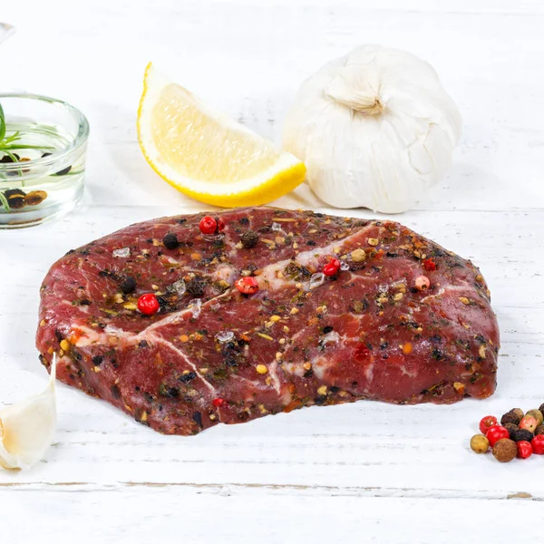 Meat raw beef steak square wooden board — Stock Photo, Image