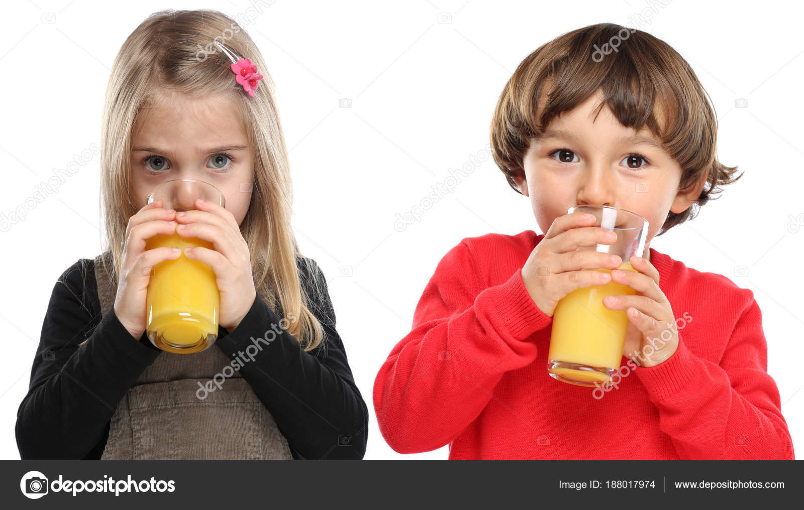 Children kids drinking orange juice healthy eating isolated on w