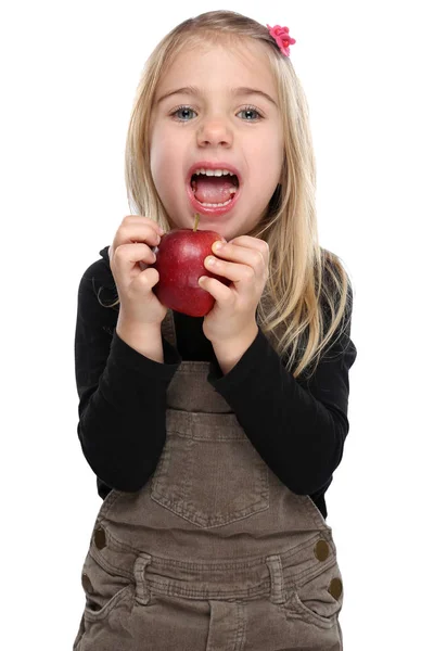 Child kid girl eating apple fruit autumn fall healthy isolated o — Stock Photo, Image