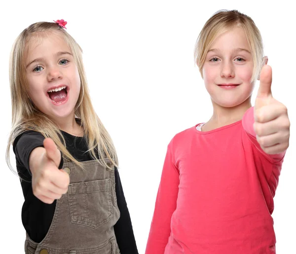 Barn barn leende ung liten flickor framgång tummen upp isola — Stockfoto