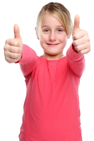 Дівчинка дитина усміхається молодий успіх великі пальці вгору ізольовані на білому — стокове фото