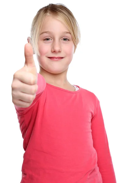 Enfant enfant souriant jeune fille succès pouces vers le haut isolé sur blanc — Photo