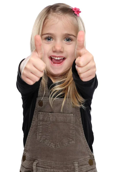 Niña pequeña niña sonriendo joven éxito pulgares arriba aislado o — Foto de Stock