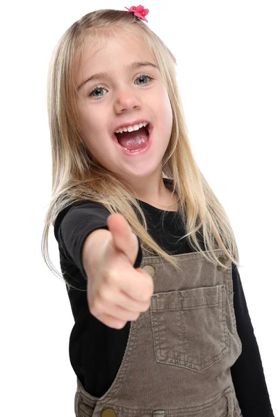 Dziecko uśmiechnięty młody mały sukces dziewczynka kciuk w górę na białym tle o — Zdjęcie stockowe