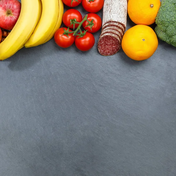 Fruits and vegetables food collection square slate copyspace fro — Stock Photo, Image